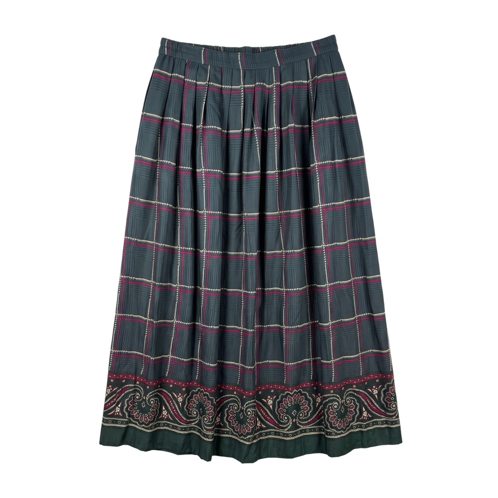 Vintage J.G. Hook Green Plaid Paisley Border Pleated Midi Skirt Size 14 USA Made